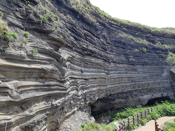 화산재 지층의 줄무늬가 기묘하다 못해 신비스럽기까지 하다. 세계 지질학자들이 화산학 교과서라는 평가가 실감이 난다.