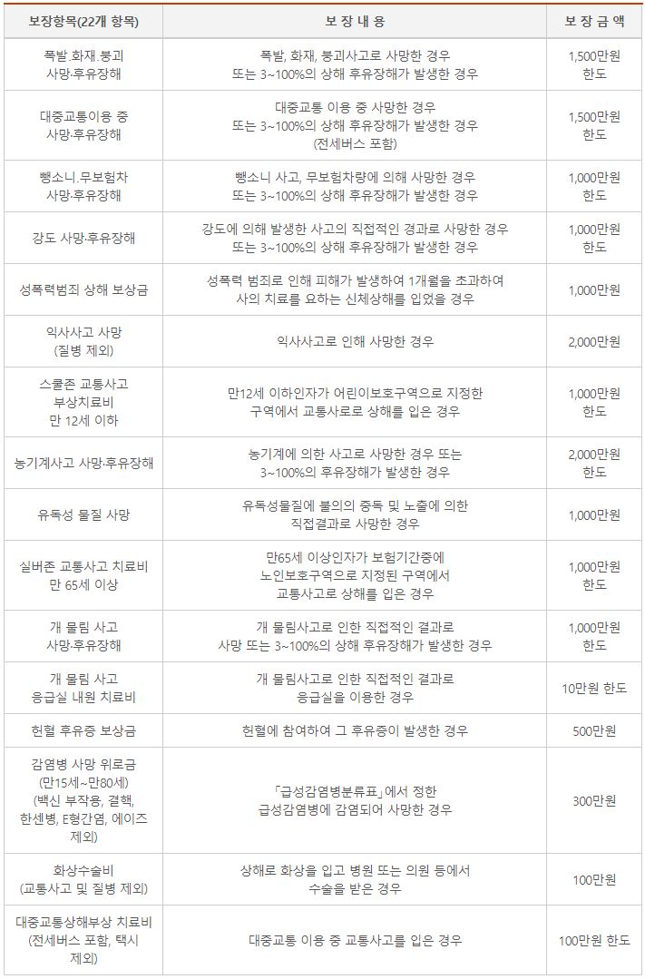 2022년 도민안전보험 보장 내역