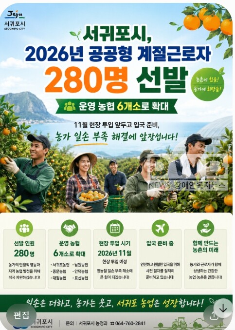 서귀포시, 2026년 공공형 계절근로자 280명 선발(AI제작) 포스터